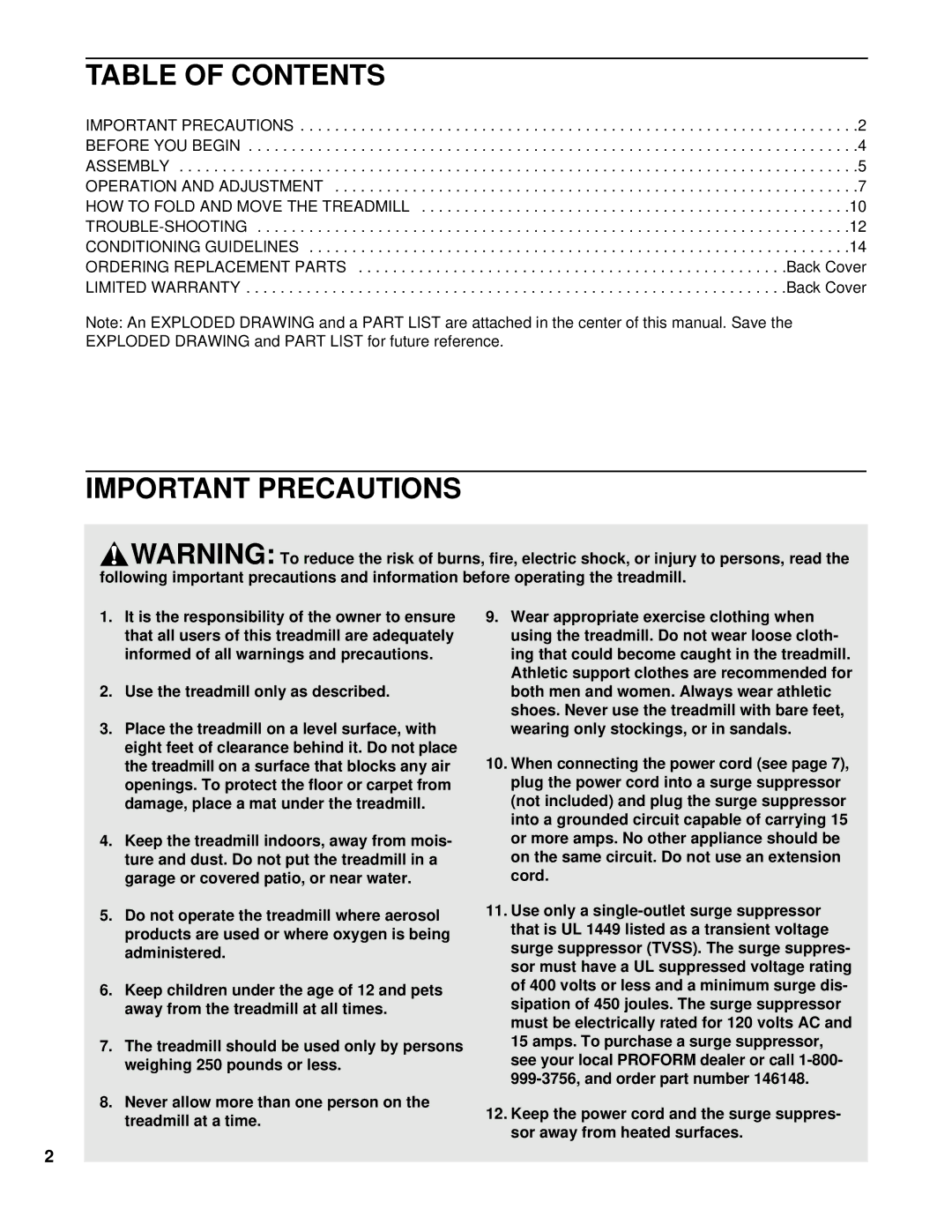 ProForm PFTL10110 user manual Table of Contents, Important Precautions 