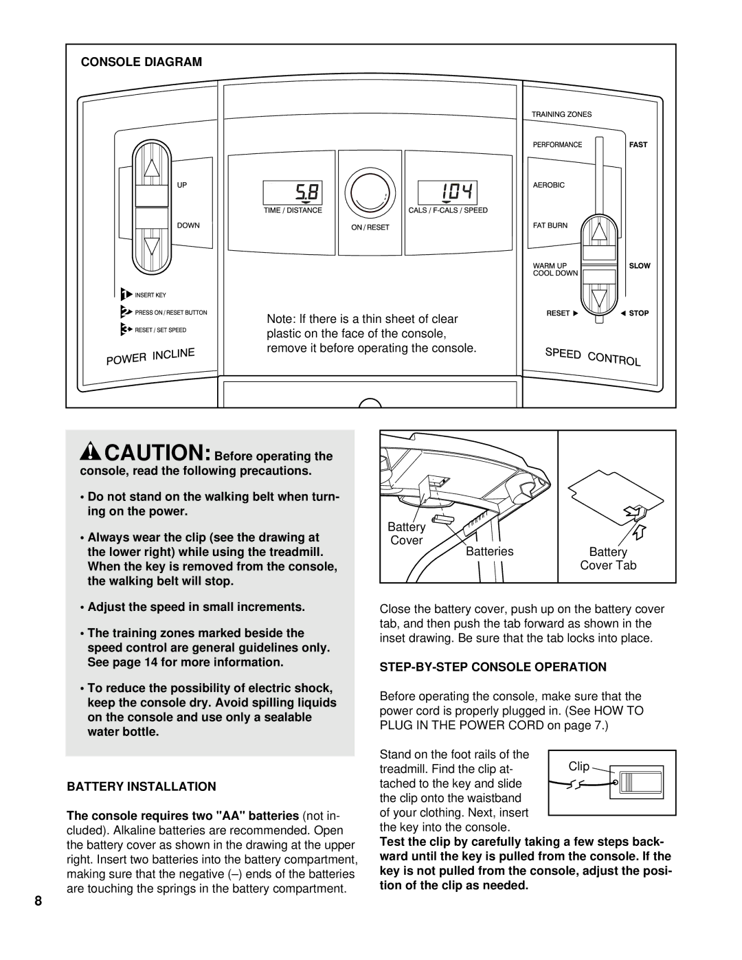 ProForm PFTL10110 user manual Console Diagram, Battery Installation, STEP-BY-STEP Console Operation 