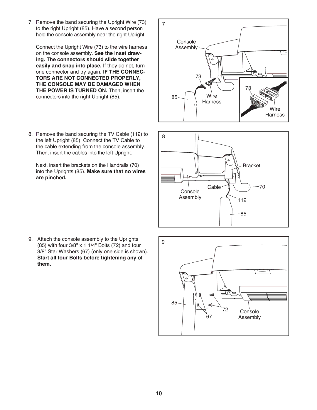 ProForm pftl101110.0 user manual Start all four Bolts before tightening any of them 