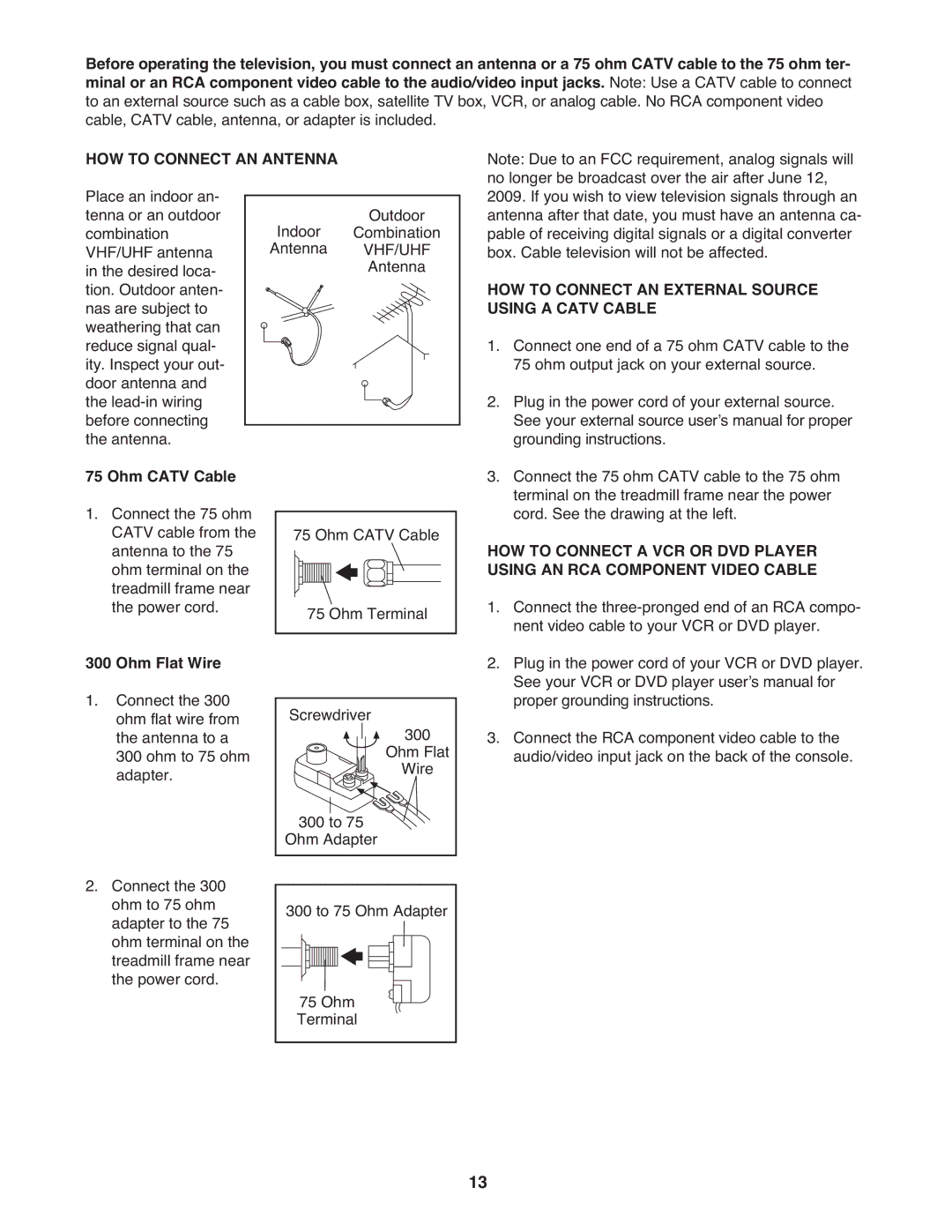 ProForm pftl101110.0 user manual HOW to Connect AN Antenna, Ohm Catv Cable, Ohm Flat Wire 