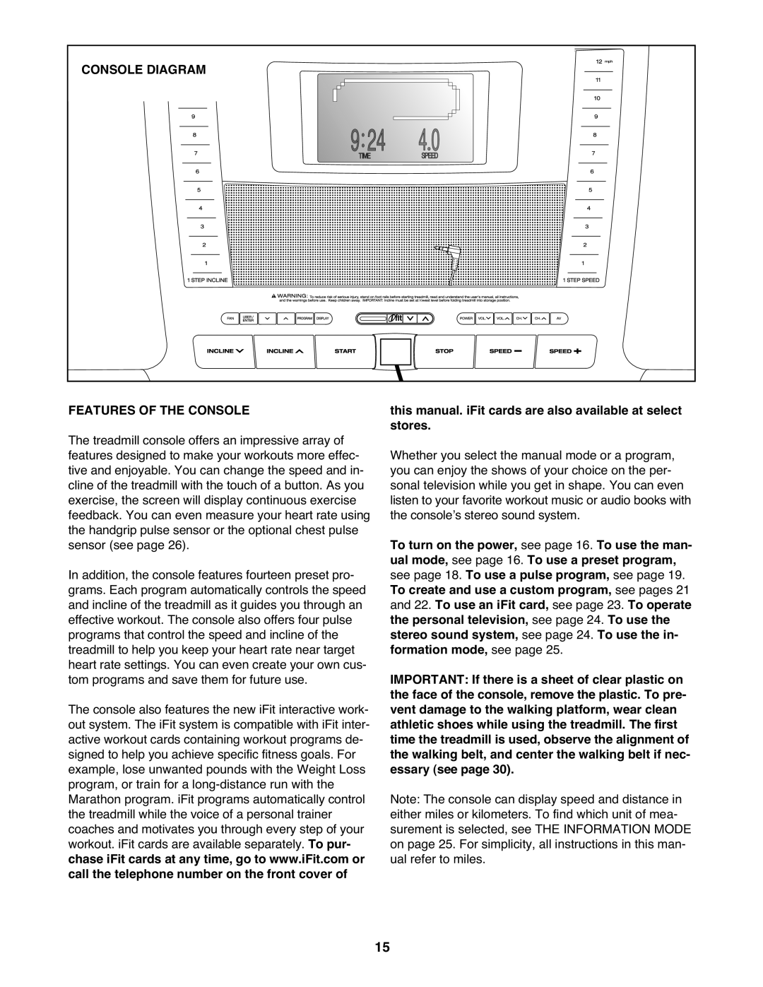 ProForm pftl101110.0 Console Diagram Features of the Console, This manual. iFit cards are also available at select stores 