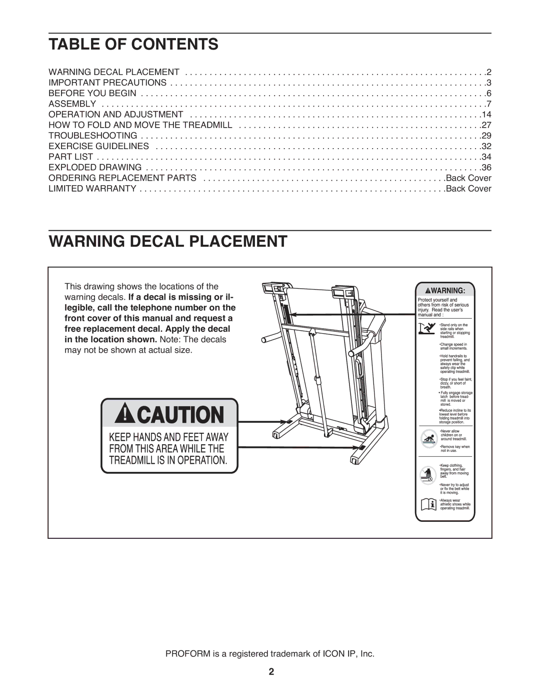 ProForm pftl101110.0 user manual Table of Contents 