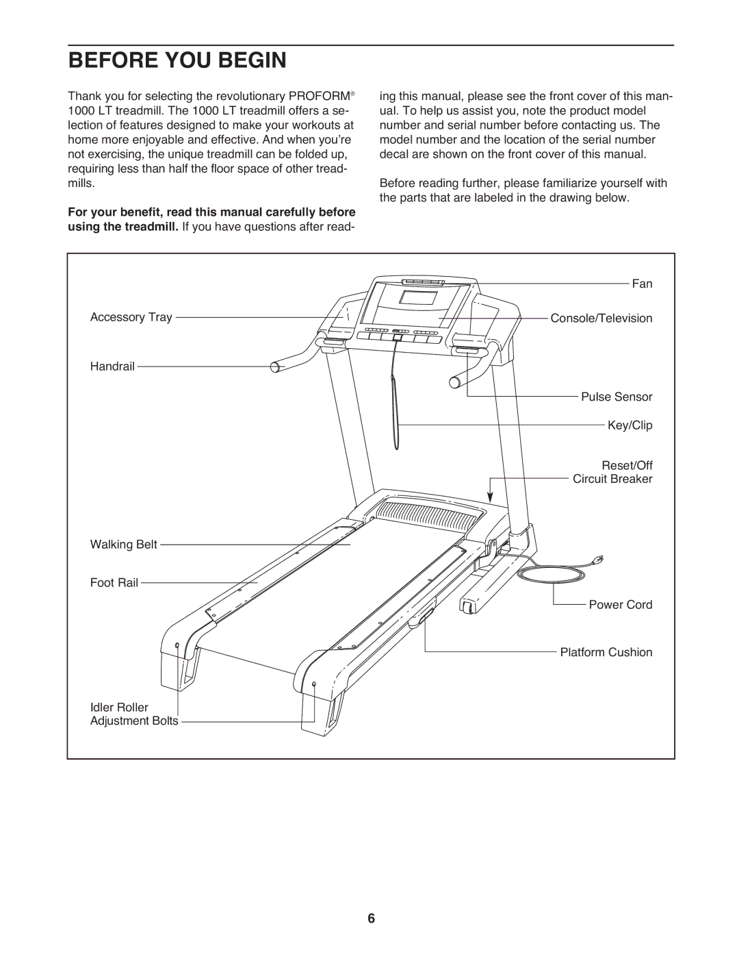 ProForm pftl101110.0 user manual Before YOU Begin 