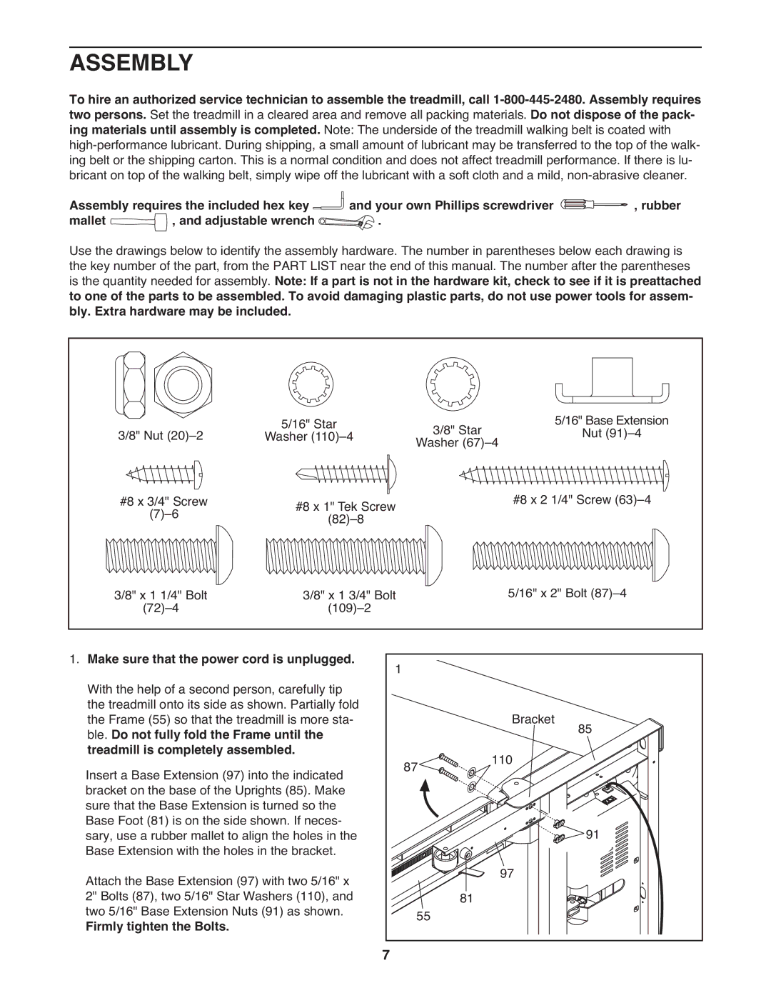 ProForm pftl101110.0 user manual Assembly, Make sure that the power cord is unplugged, Firmly tighten the Bolts 