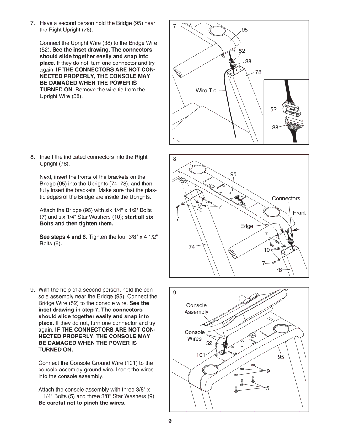 ProForm PFTL12007.0 user manual Bolts and then tighten them, Be careful not to pinch the wires 