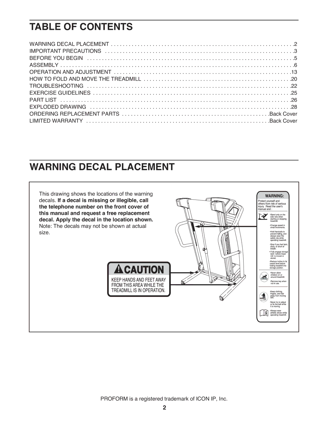 ProForm PFTL12008.0 user manual Table of Contents 