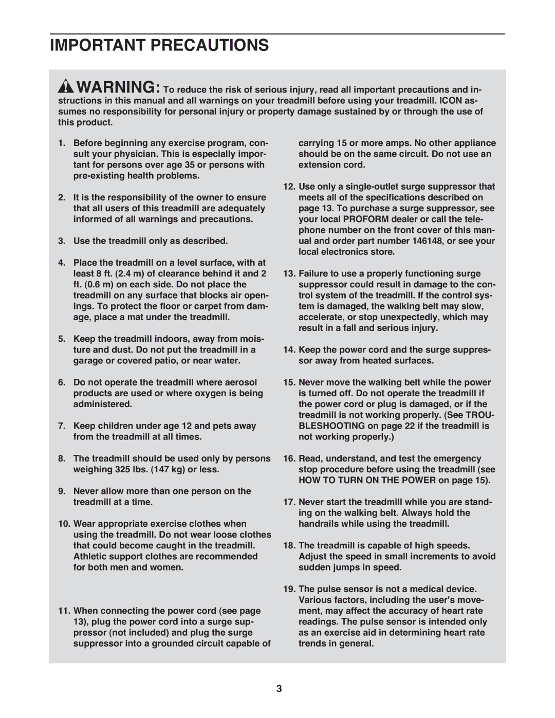 ProForm PFTL12008.0 user manual Important Precautions, Pulse sensor is not a medical device 