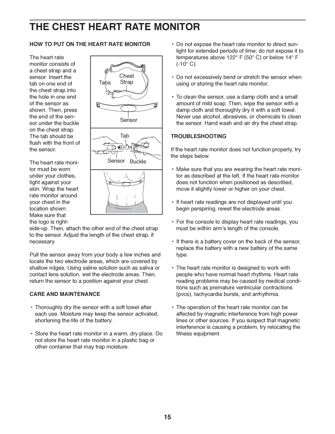 ProForm PFTL13011.0 Chest Heart Rate Monitor, HOW to PUT on the Heart Rate Monitor, Care and Maintenance, Troubleshooting 