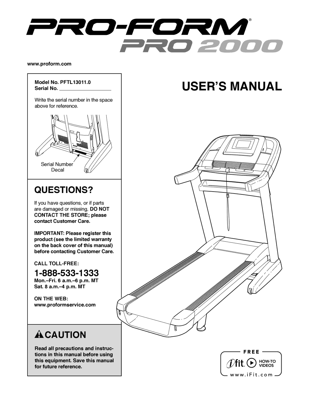 ProForm user manual Questions?, Model No. PFTL13011.0 Serial No, Call TOLL-FREE, On the WEB 