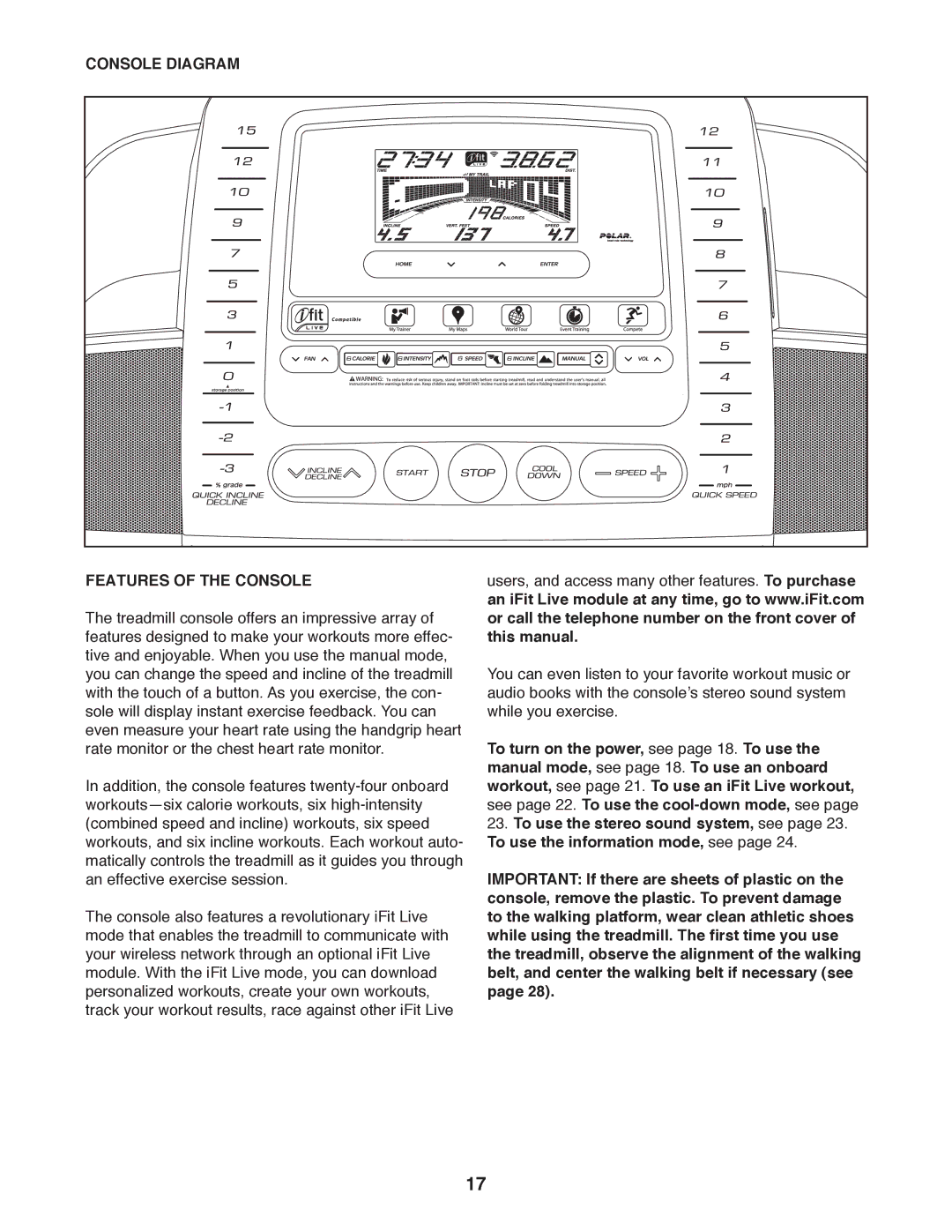 ProForm PFTL13011.0 user manual Console Diagram Features of the Console 