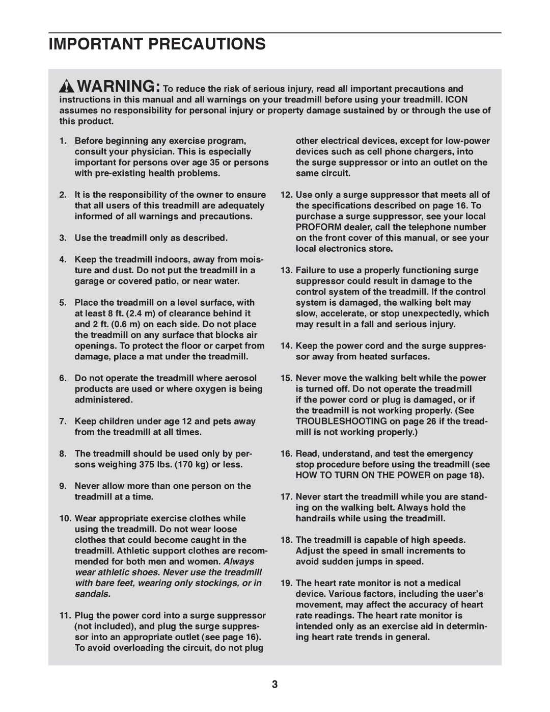 ProForm PFTL13011.0 user manual Important Precautions 