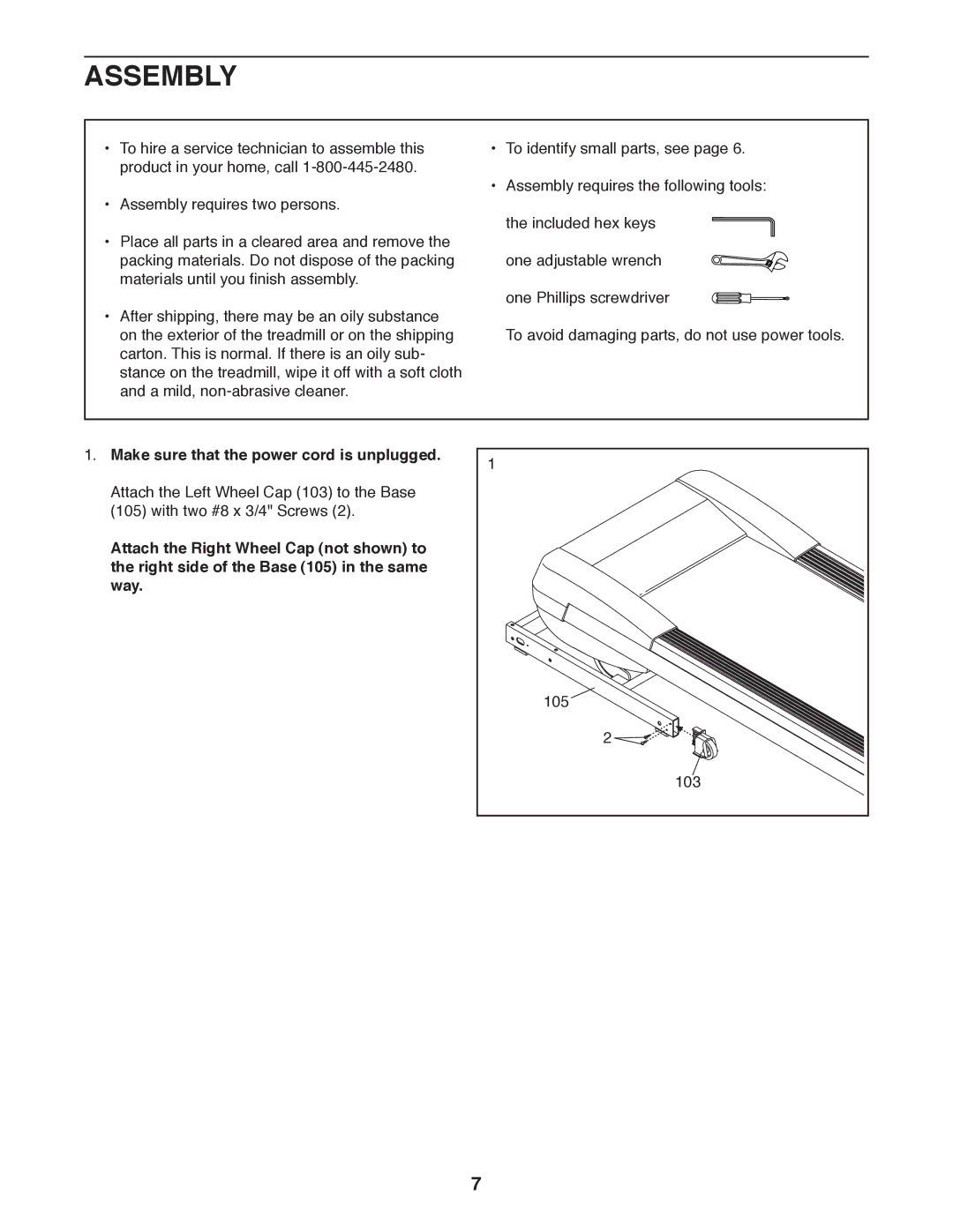 ProForm PFTL13011.0 user manual Assembly, Make sure that the power cord is unplugged 