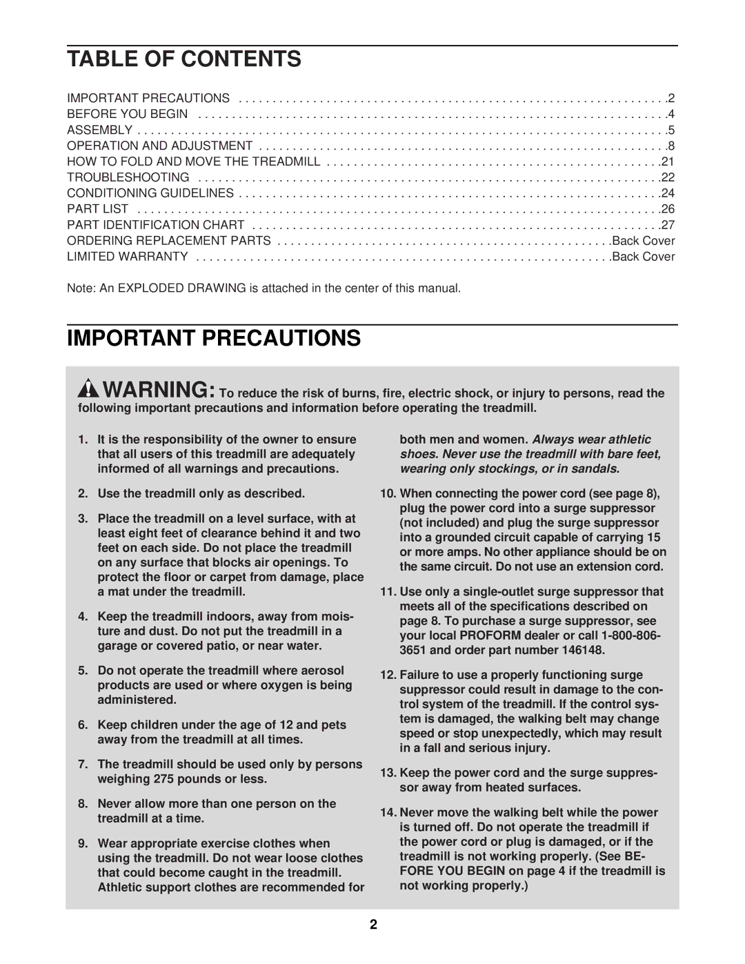 ProForm PFTL13540 user manual Table of Contents, Important Precautions 