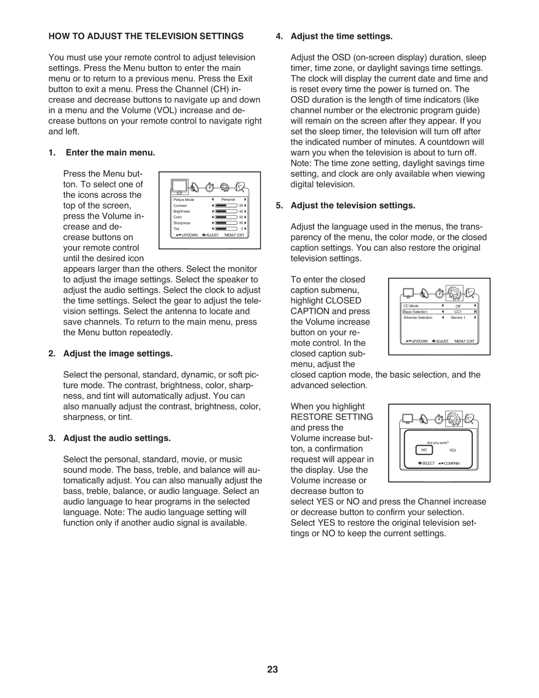 ProForm PFTL14008.0 user manual HOW to Adjust the Television Settings 