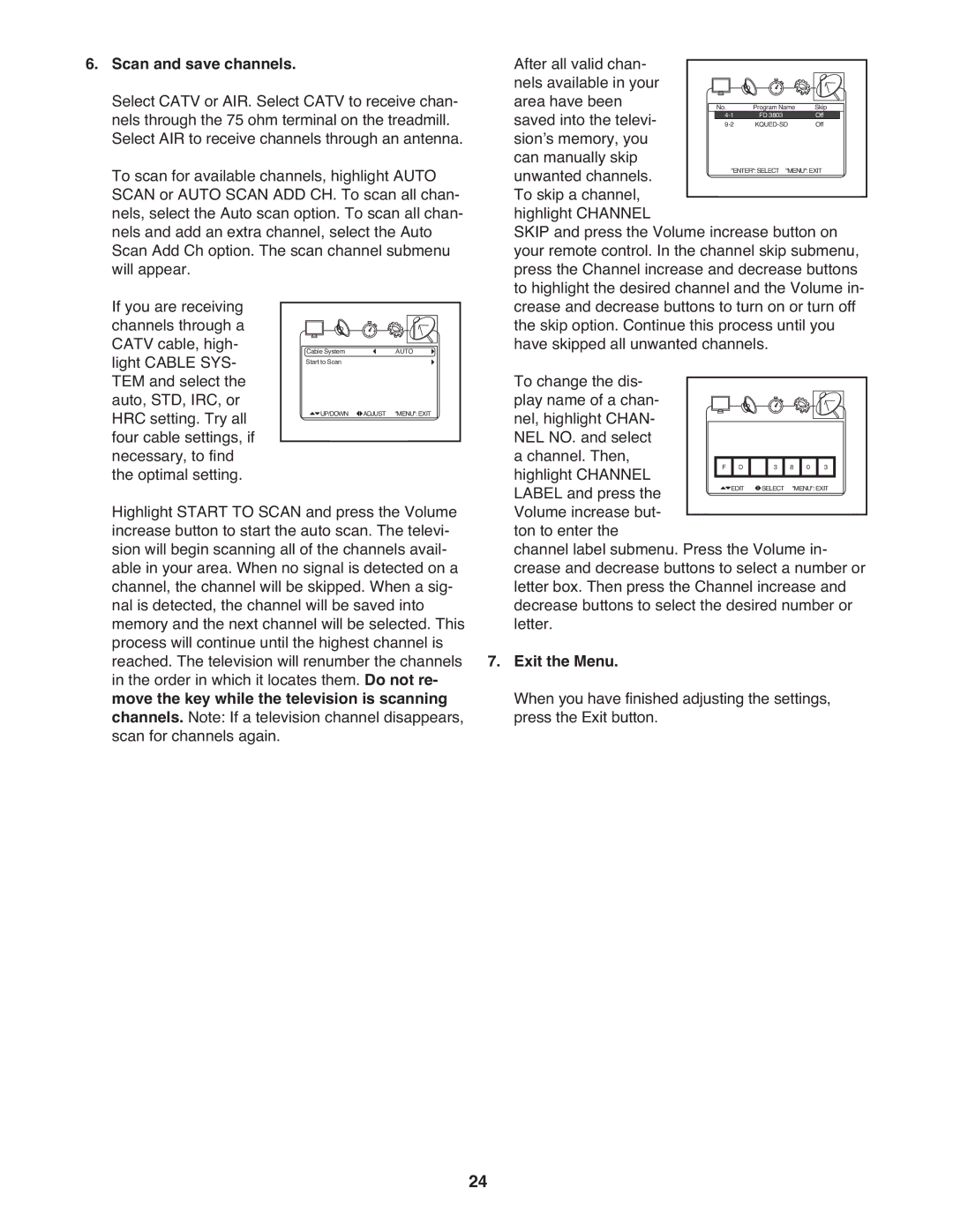 ProForm PFTL14008.0 user manual Scan and save channels, Exit the Menu 