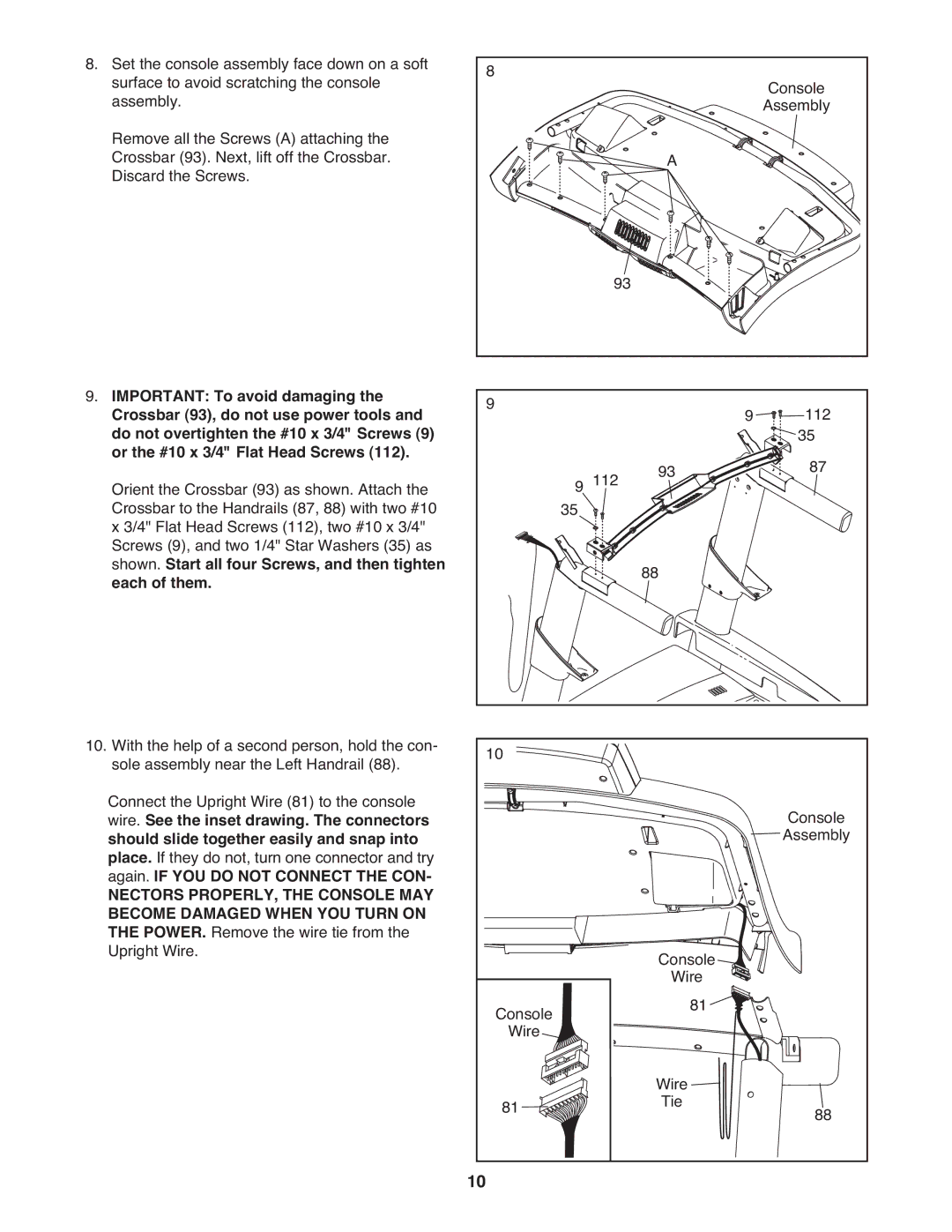 ProForm PFTL14511.0 warranty Important To avoid damaging, Shown. Start all four Screws, and then tighten Each of them 