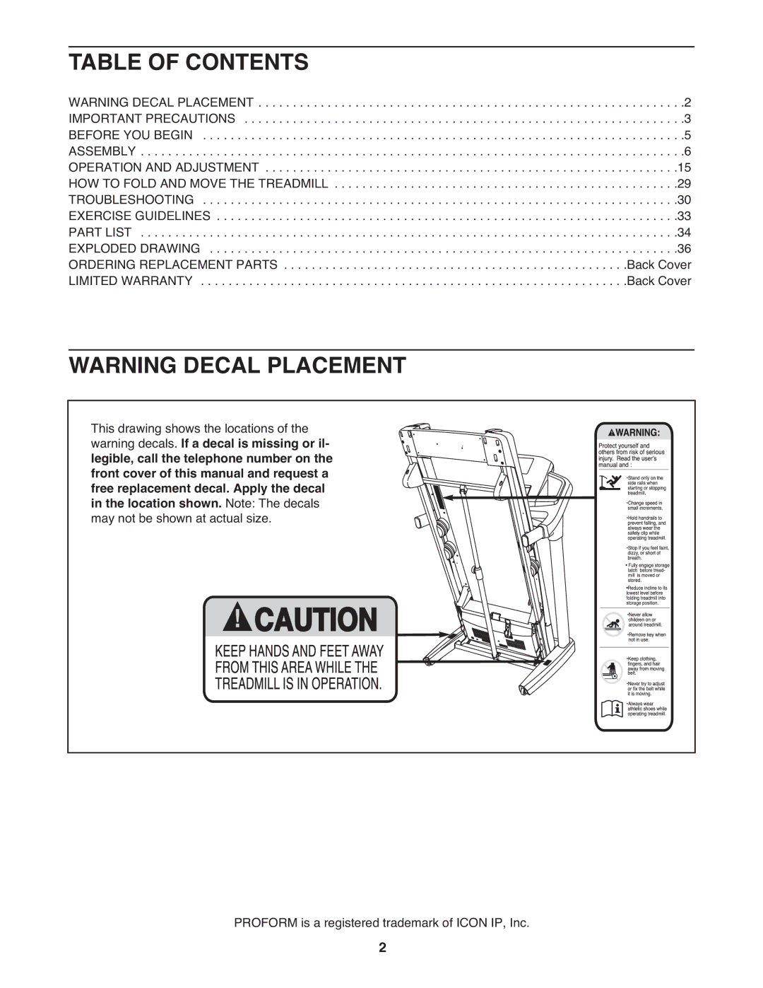 ProForm PFTL14511.0 warranty Table of Contents 