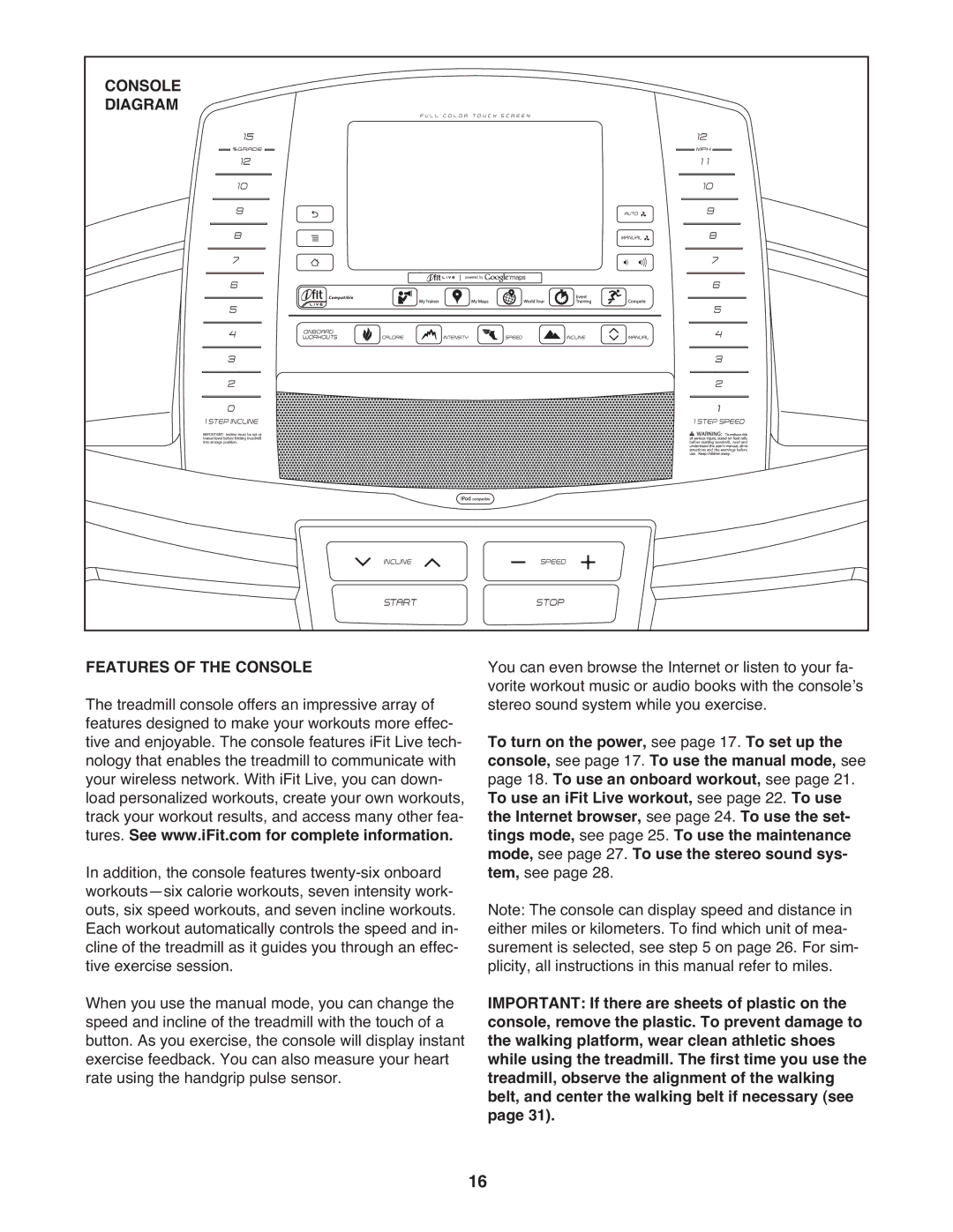 ProForm PFTL14511.0 warranty Diagram, Features of the Console 