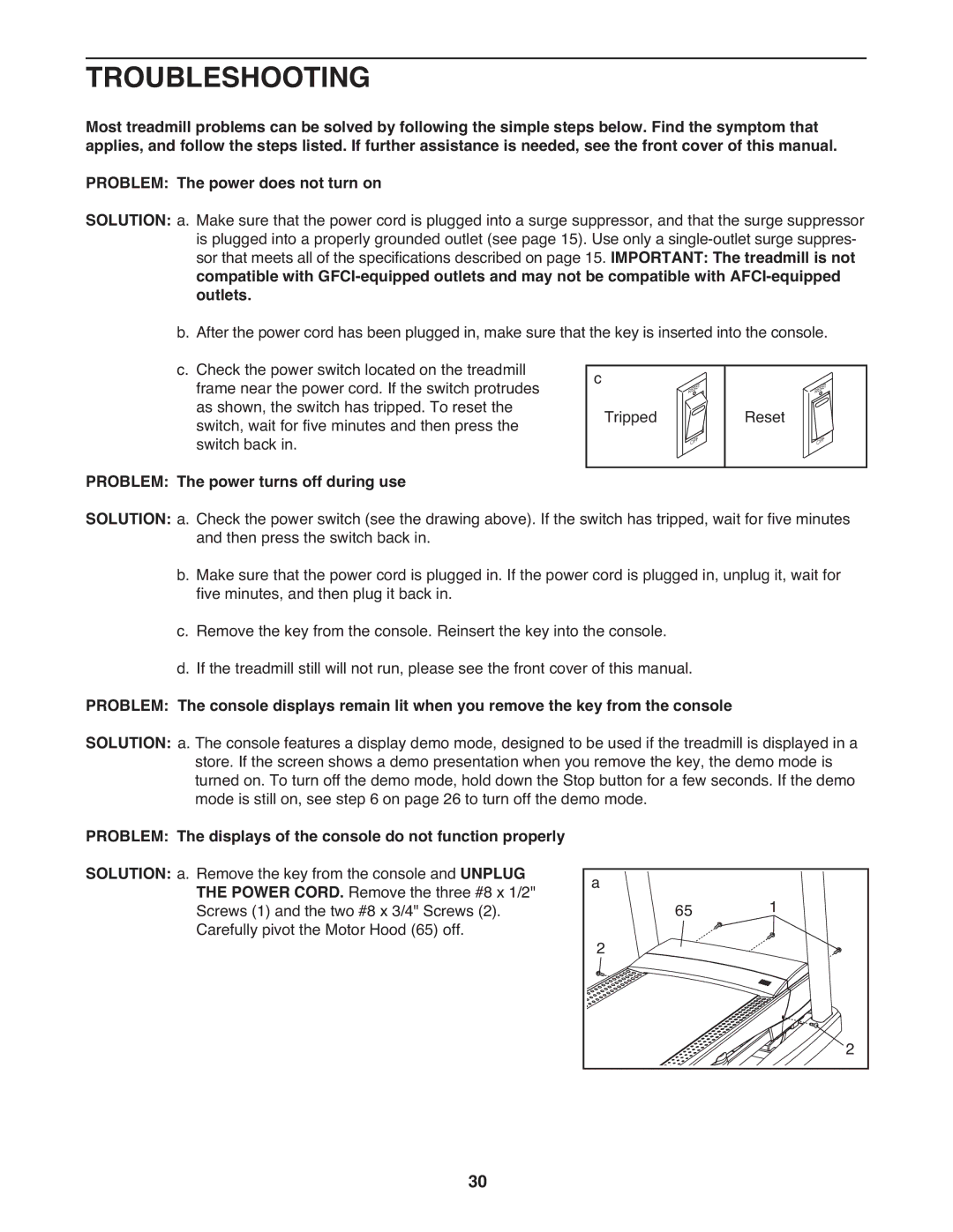 ProForm PFTL14511.0 warranty Troubleshooting, Outlets, Problem The power turns off during use 