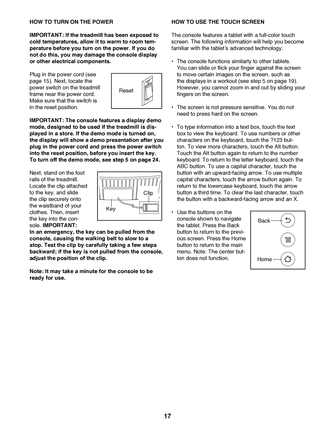 ProForm PFTL14511.1 user manual HOW to Turn on the Power, HOW to USE the Touch Screen, Sole. Important 