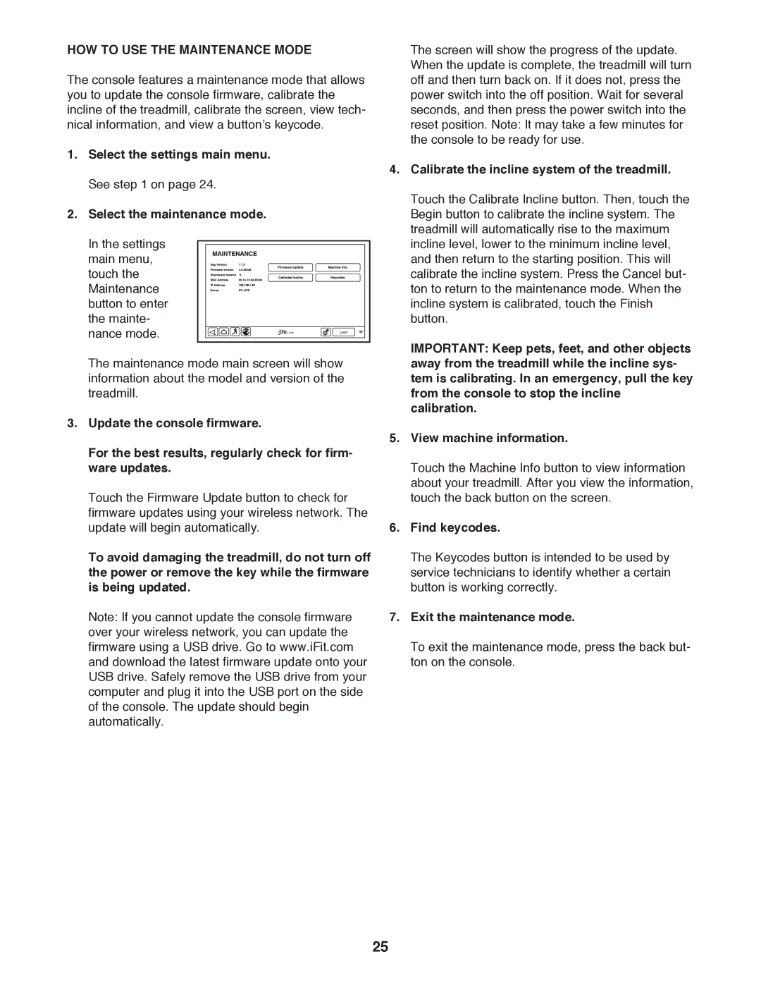 ProForm PFTL14511.1 HOW to USE the Maintenance Mode, Calibrate the incline system of the treadmill, Find keycodes 