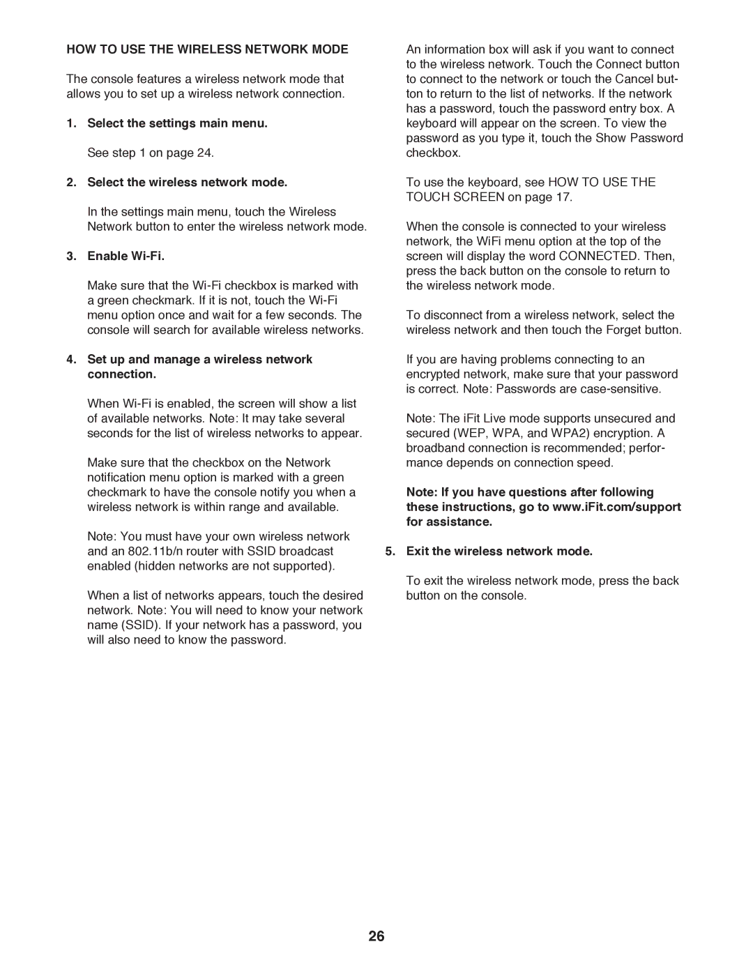 ProForm PFTL14511.1 HOW to USE the Wireless Network Mode, Enable Wi-Fi, Set up and manage a wireless network connection 