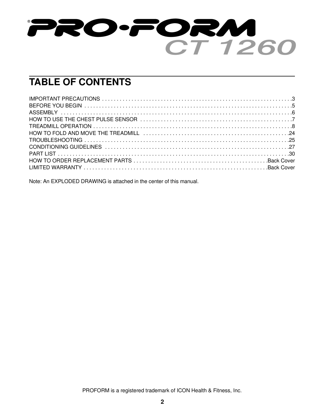 ProForm PFTL14920 user manual Table of Contents 