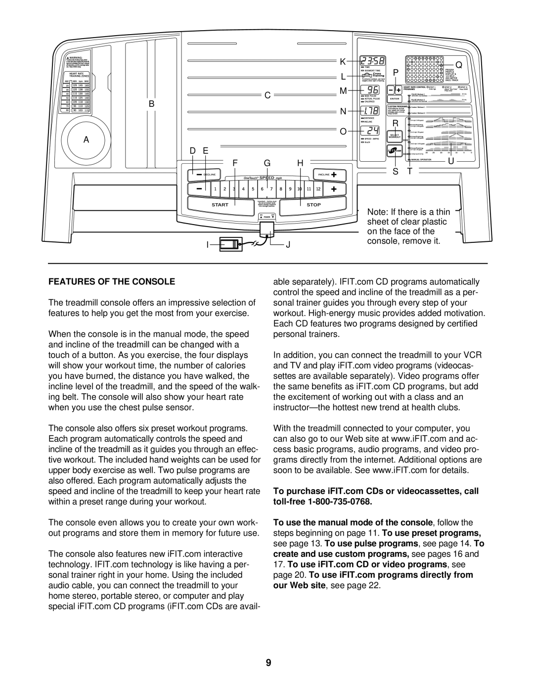 ProForm PFTL14920 user manual Features of the Console 