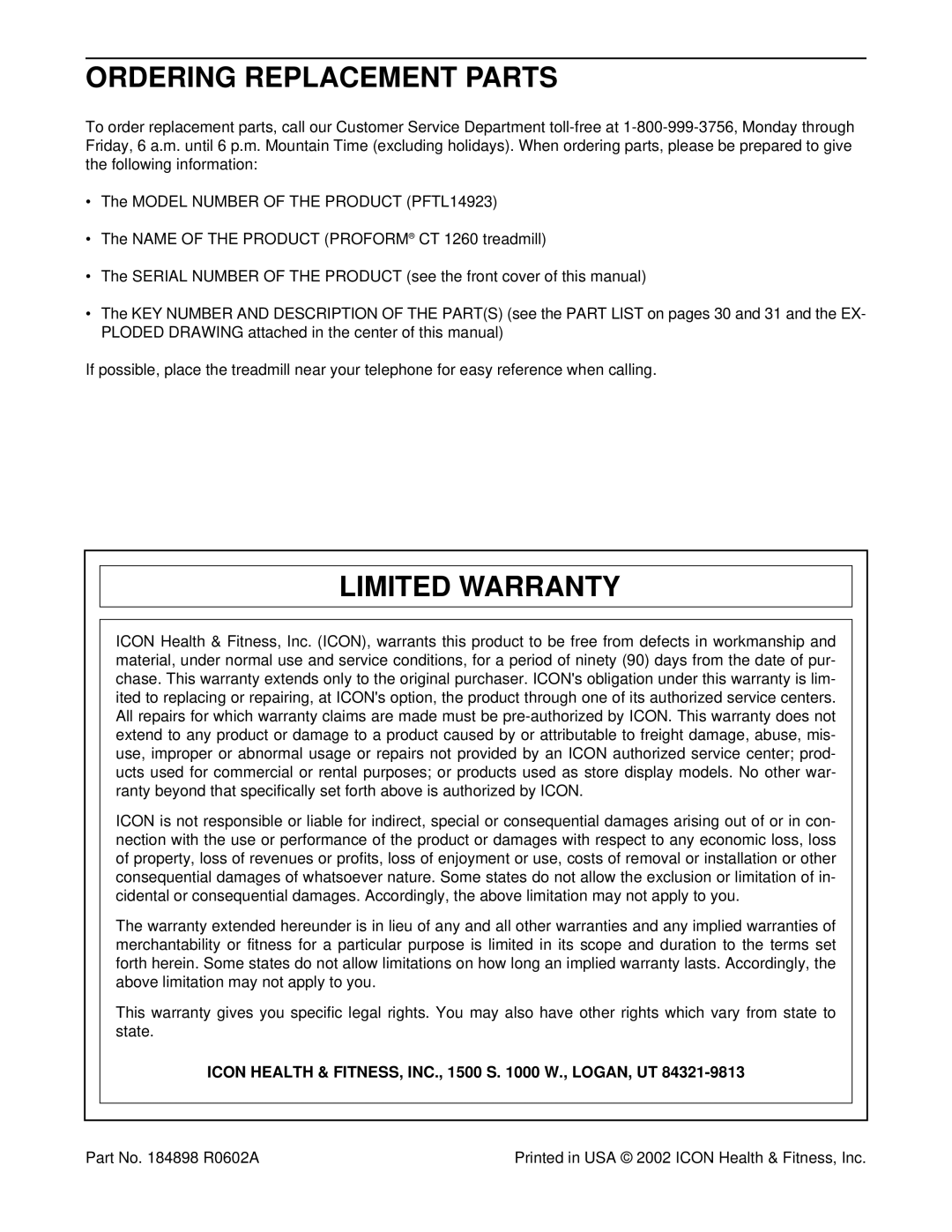 ProForm PFTL14923 Ordering Replacement Parts, Limited Warranty, Icon Health & FITNESS, INC., 1500 S W., LOGAN, UT 