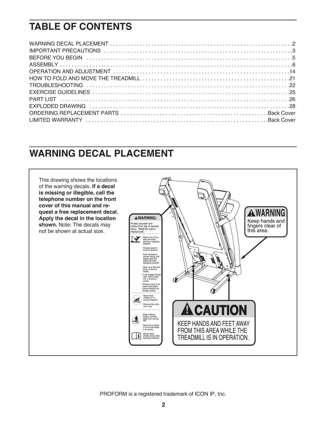 ProForm PFTL15610.0 warranty Table of Contents 