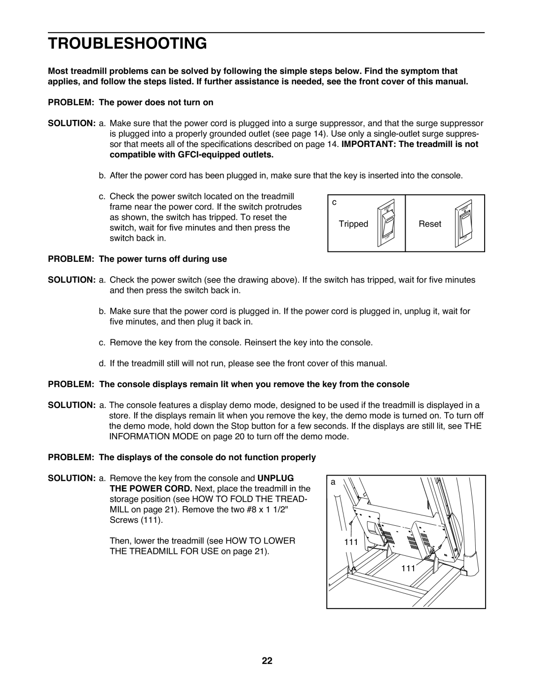 ProForm PFTL15610.0 warranty Troubleshooting, Compatible with GFCI-equipped outlets, Problem The power turns off during use 