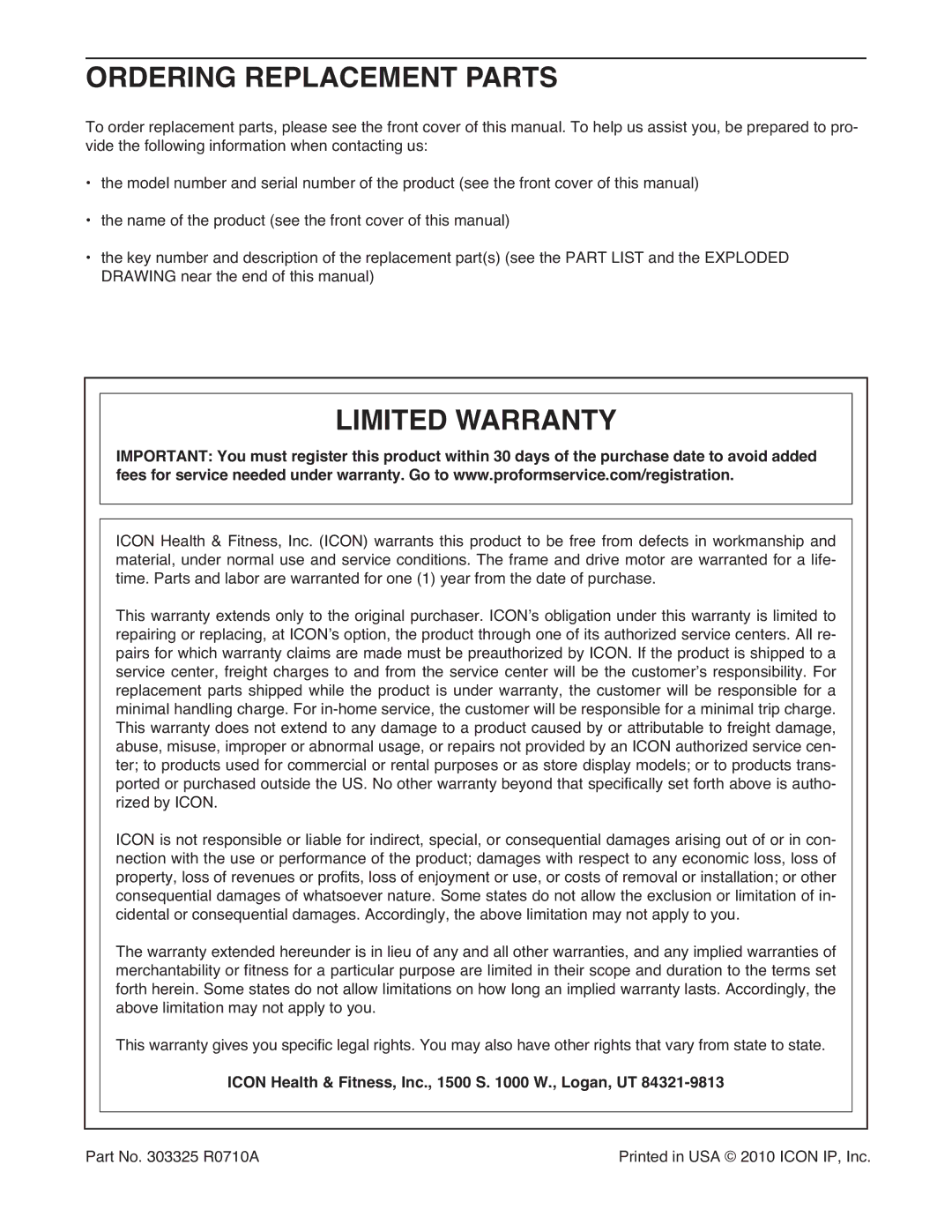 ProForm PFTL15610.0 Ordering Replacement Parts, Limited Warranty, Icon Health & Fitness, Inc., 1500 S W., Logan, UT 