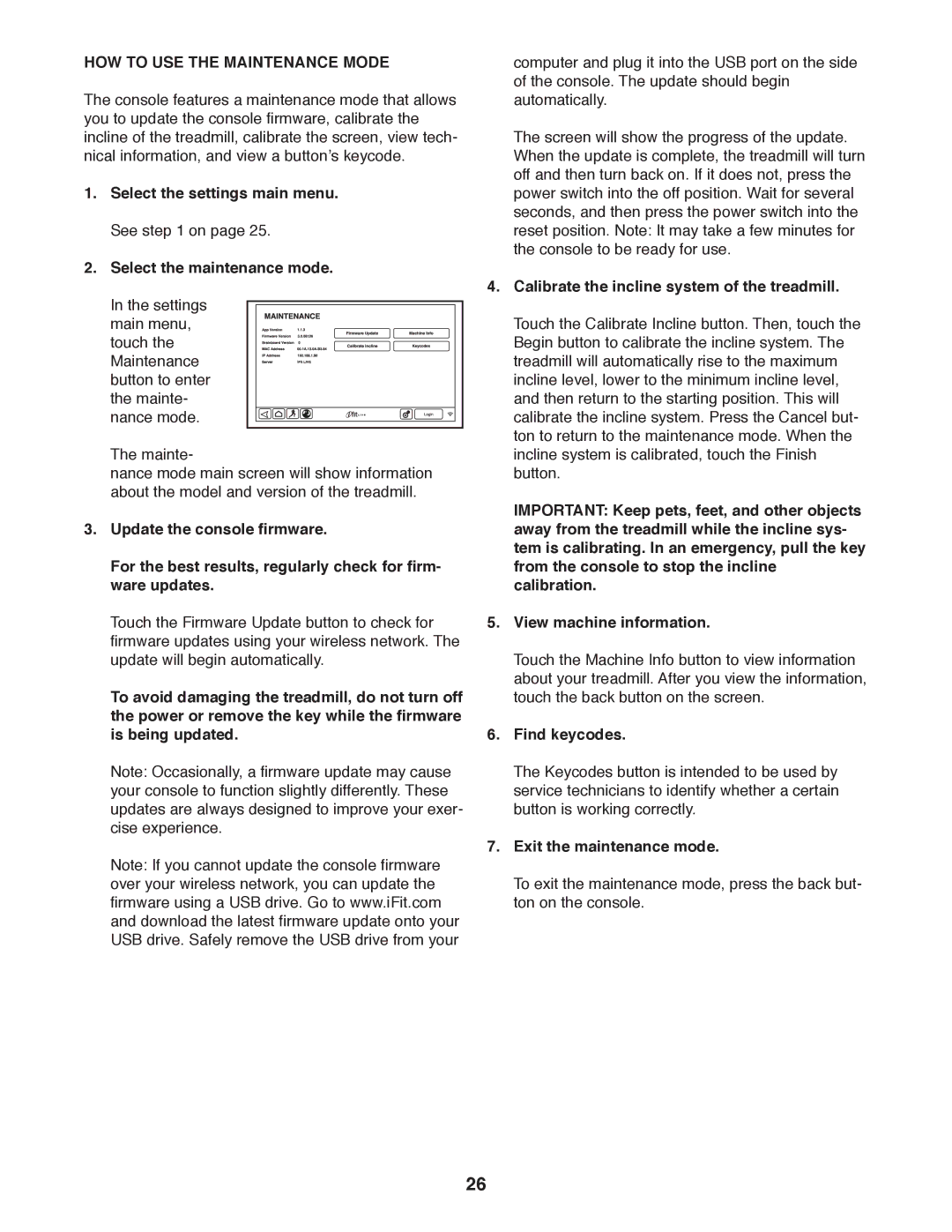 ProForm PFTL16011.0 HOW to USE the Maintenance Mode, Calibrate the incline system of the treadmill, Find keycodes 