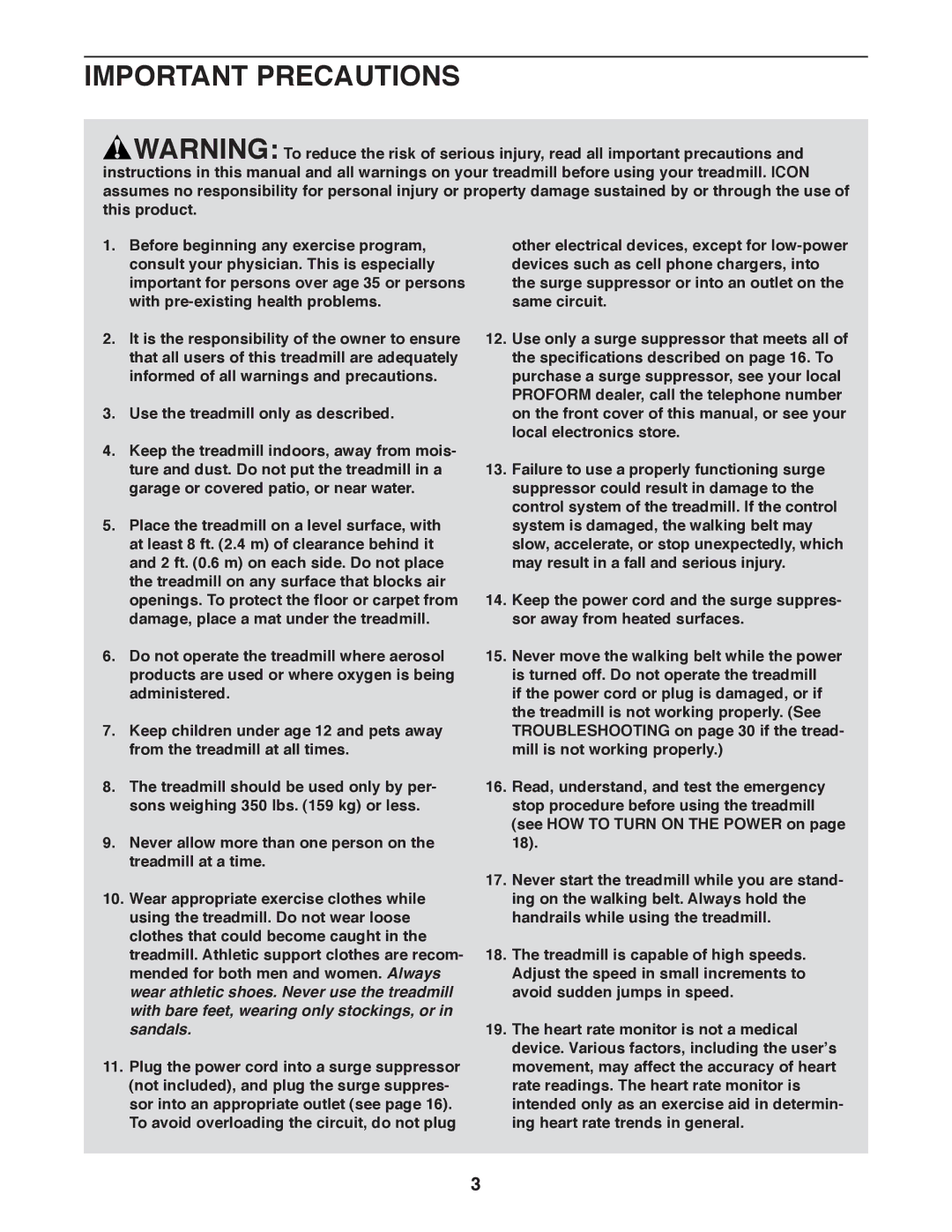 ProForm PFTL16011.0 user manual Important Precautions 