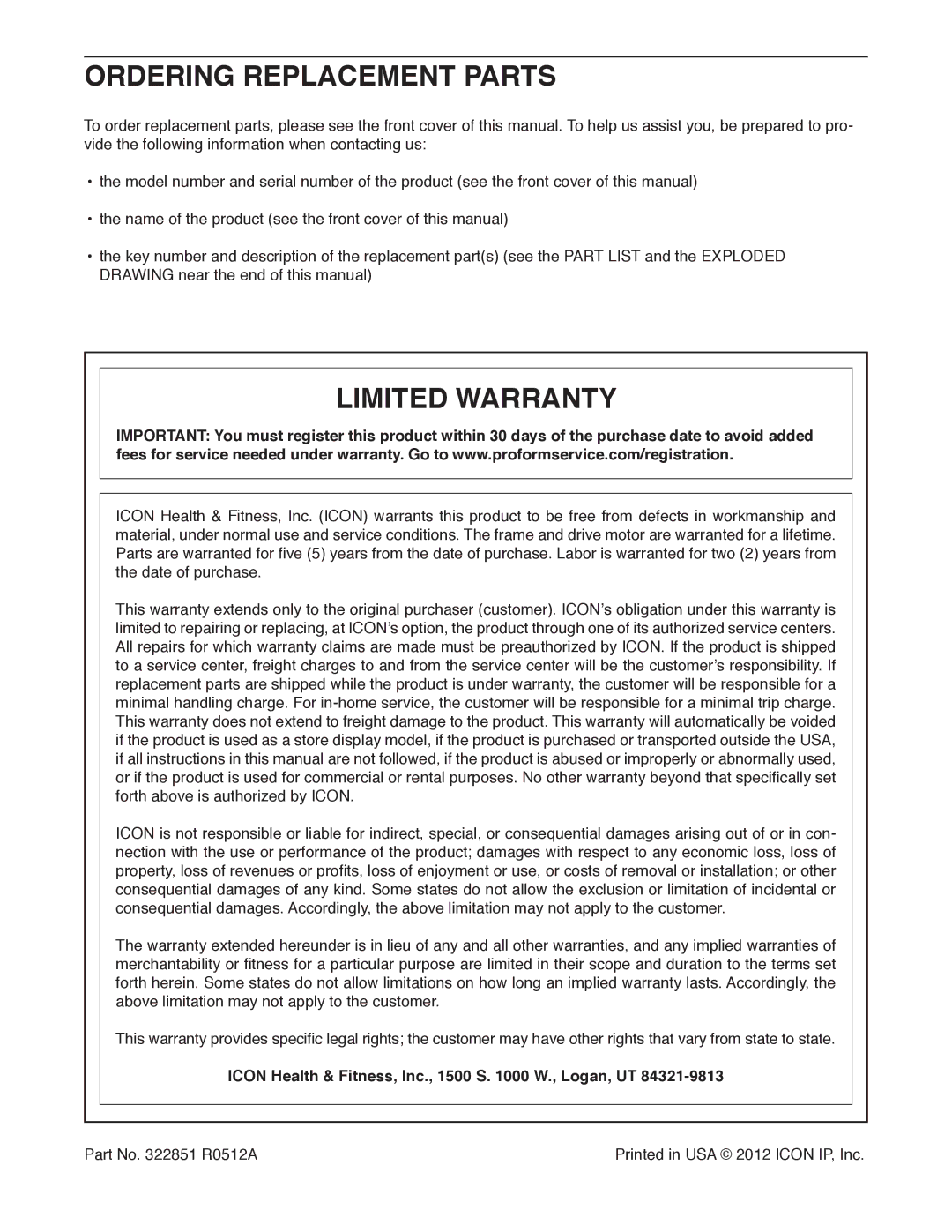 ProForm PFTL16011.0 Ordering Replacement Parts, Limited Warranty, Icon Health & Fitness, Inc., 1500 S W., Logan, UT 