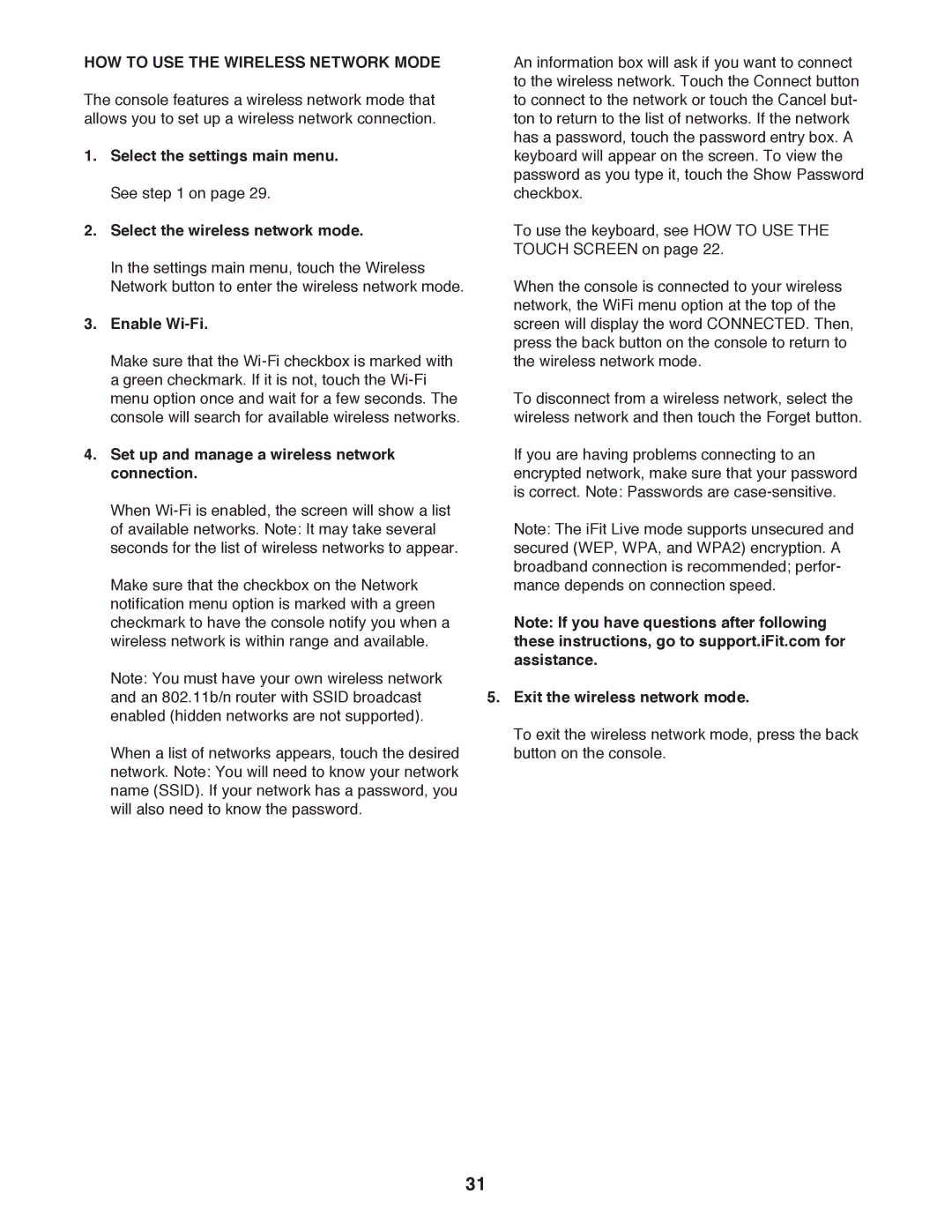 ProForm PFTL20511.0 HOW to USE the Wireless Network Mode, Enable Wi-Fi, Set up and manage a wireless network connection 