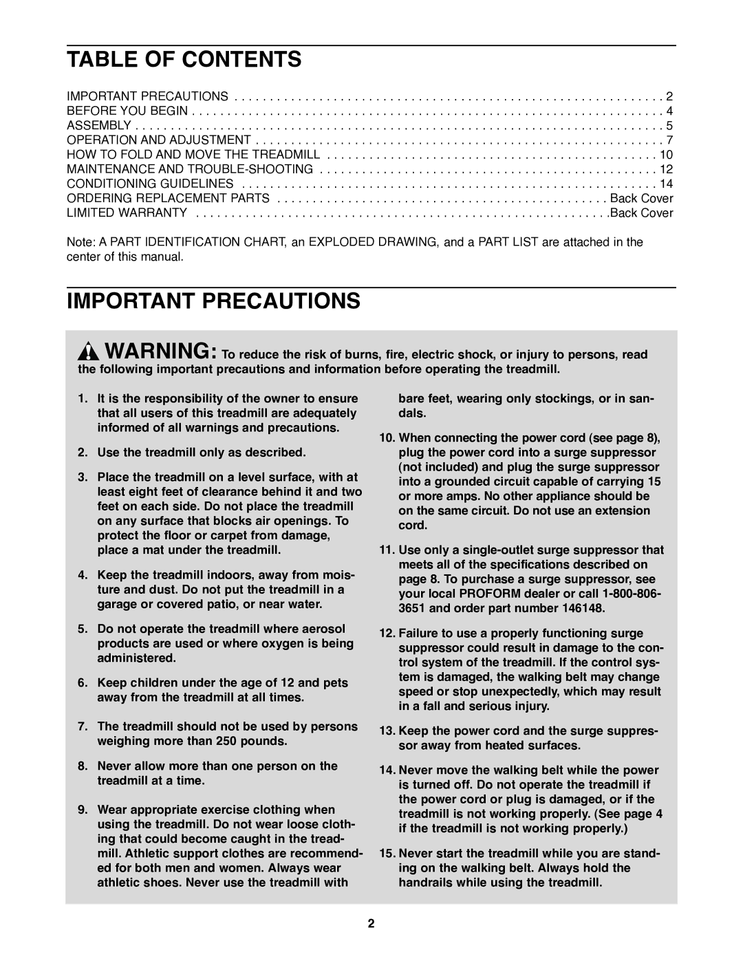 ProForm PFTL29020 user manual Table of Contents, Important Precautions 