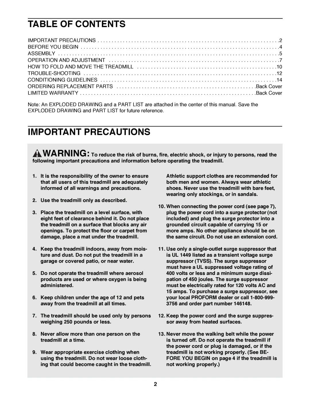 ProForm PFTL29100 user manual Table of Contents, Important Precautions 