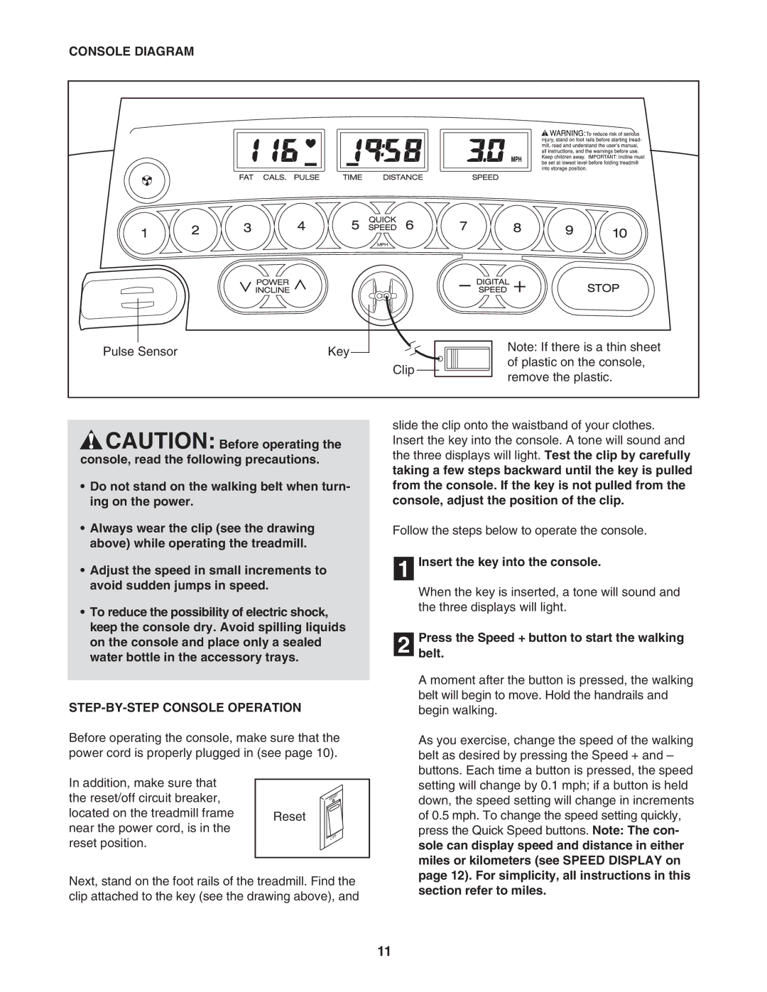 ProForm PFTL311040 user manual Console Diagram, STEP-BY-STEP Console Operation, Insert the key into the console 