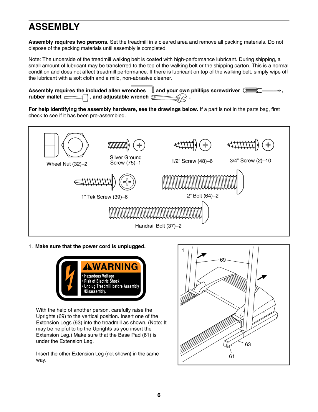 ProForm PFTL311040 user manual Assembly, Make sure that the power cord is unplugged 