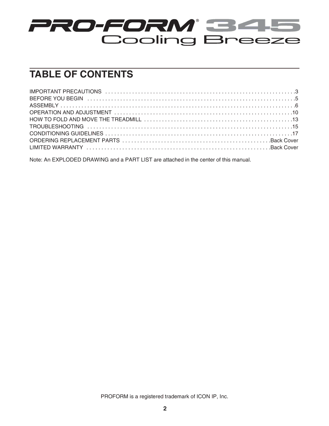 ProForm PFTL311041 user manual Table of Contents 