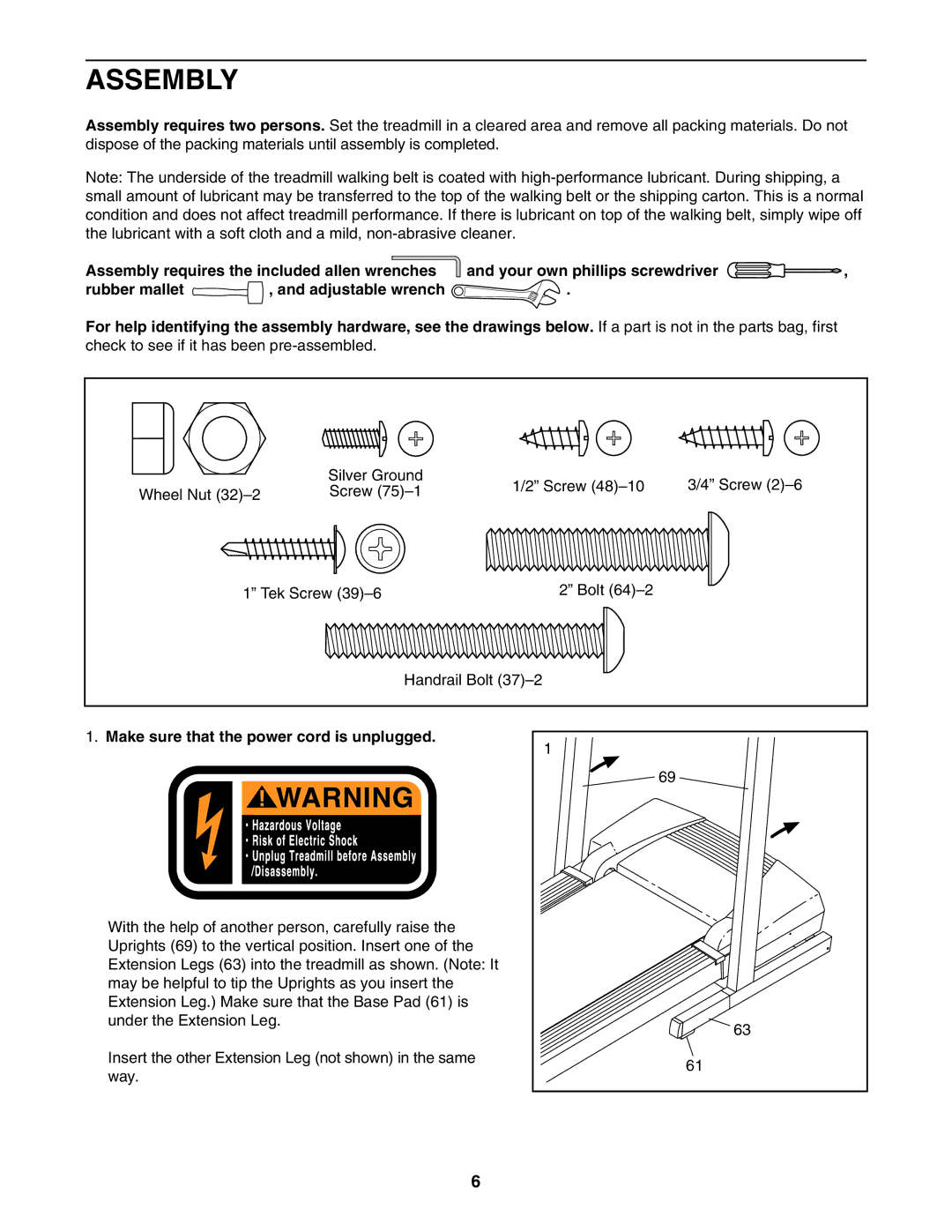 ProForm PFTL311041 user manual Assembly, Make sure that the power cord is unplugged 