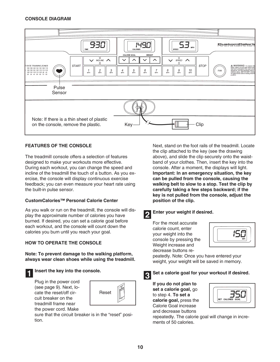 ProForm PFTL31105.0 user manual Console Diagram, Features of the Console, CustomCalories Personal Calorie Center 