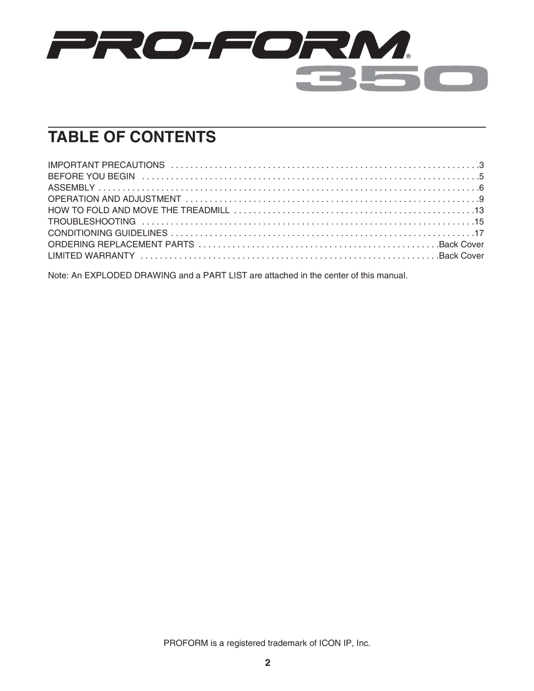 ProForm PFTL31105.0 user manual Table of Contents 