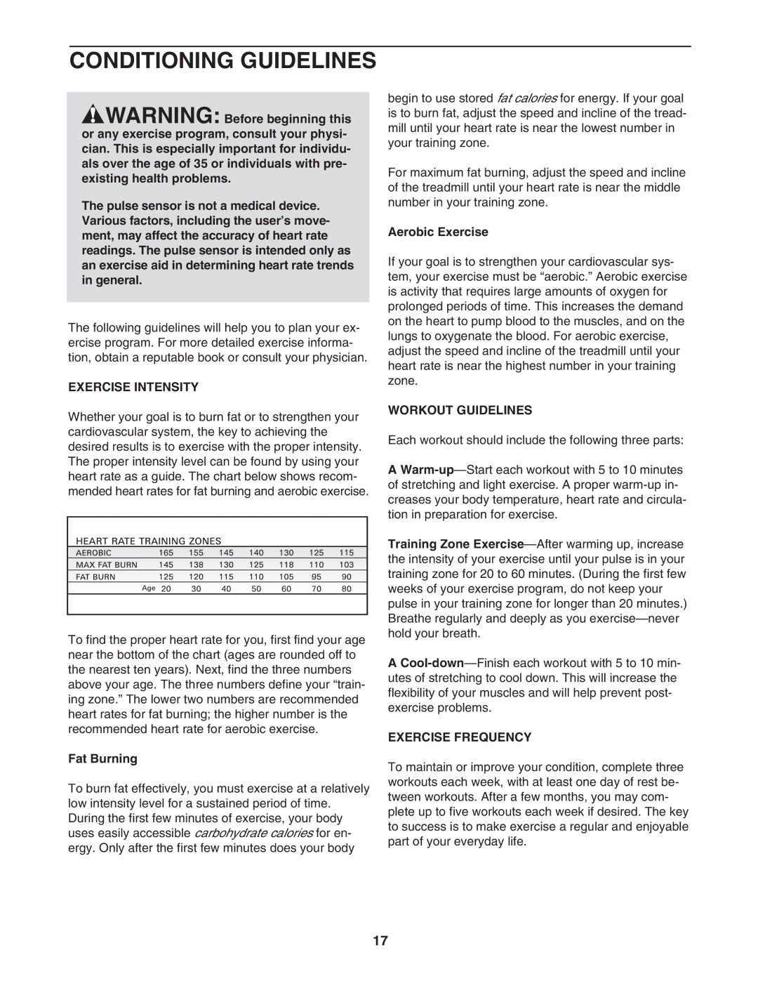 ProForm PFTL31105.1 user manual Conditioning Guidelines, Exercise Intensity, Workout Guidelines, Exercise Frequency 