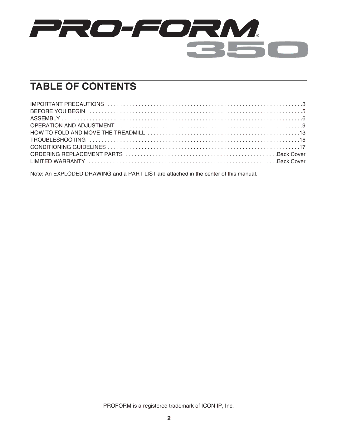 ProForm PFTL31105.1 user manual Table of Contents 