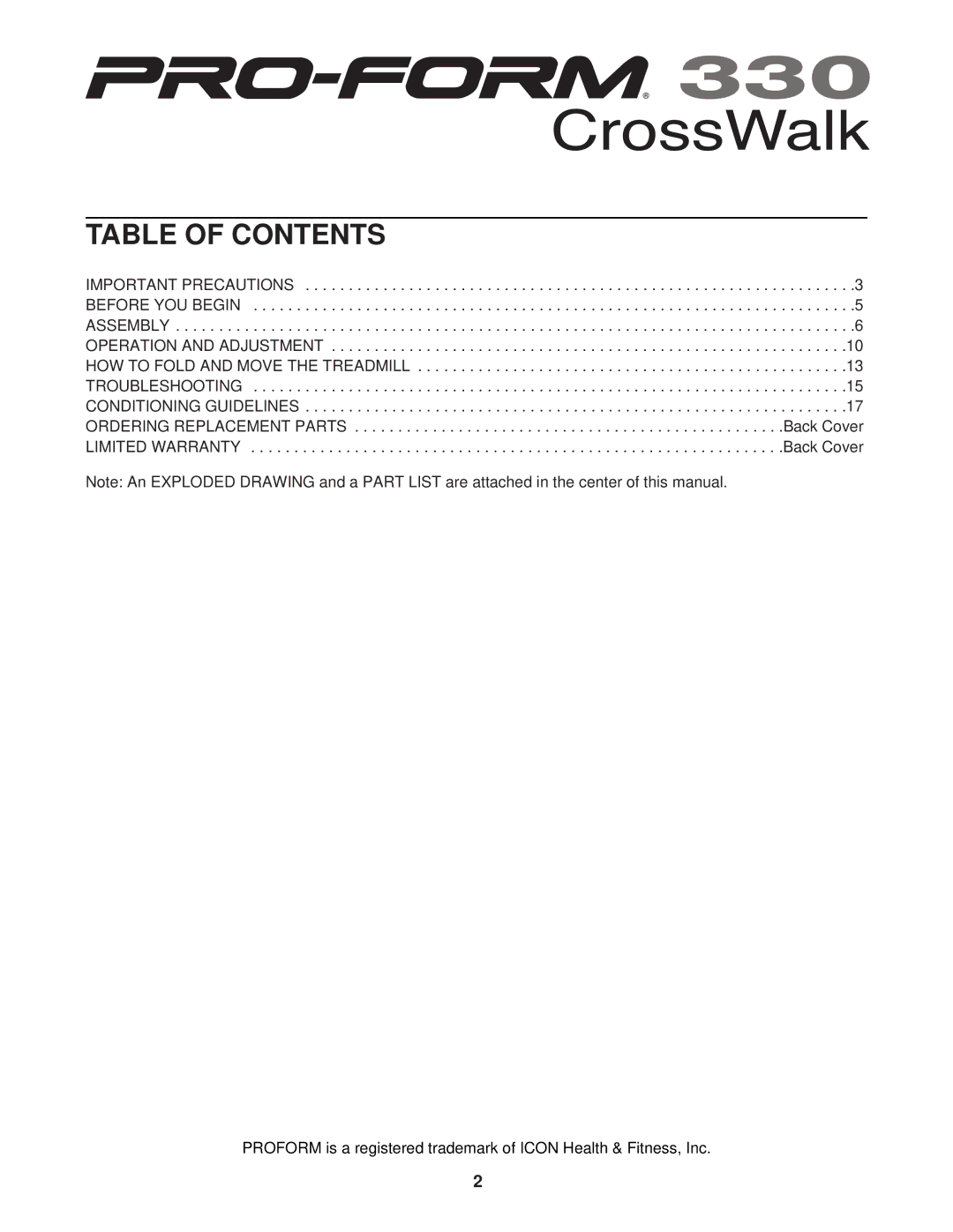 ProForm PFTL31130 user manual Table of Contents 