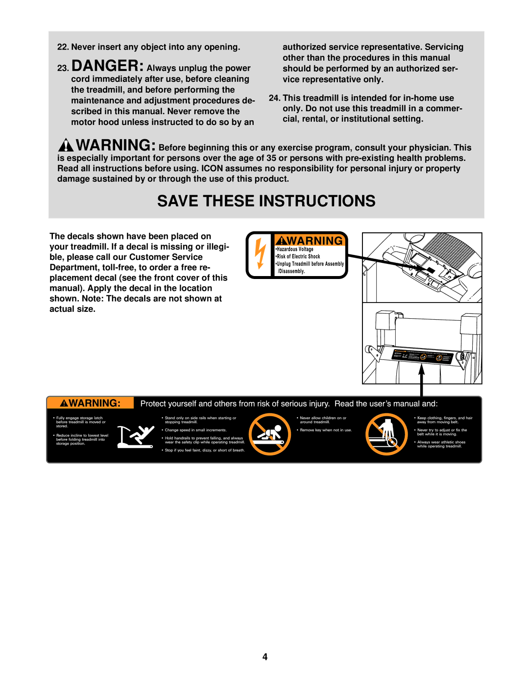 ProForm PFTL31130 user manual Never insert any object into any opening, Decals shown have been placed on 