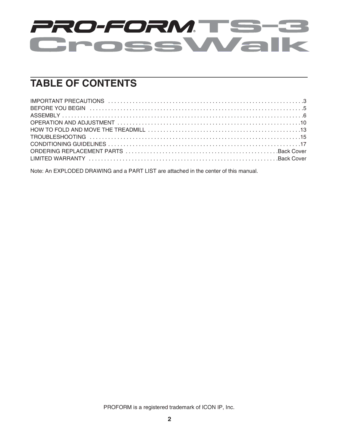 ProForm PFTL311340 user manual Table of Contents 