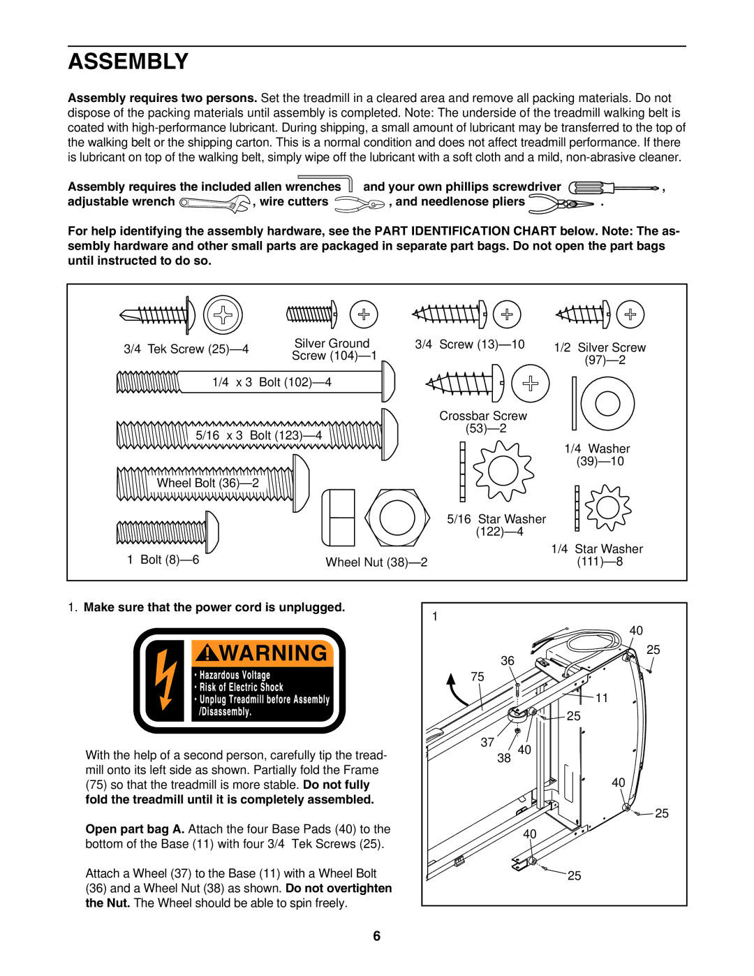 ProForm PFTL311340 user manual Assembly, Make sure that the power cord is unplugged 